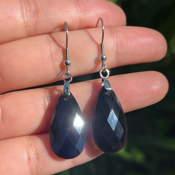 Stainless steel facated‎ black obsidian earrings - Picture 4 of 8